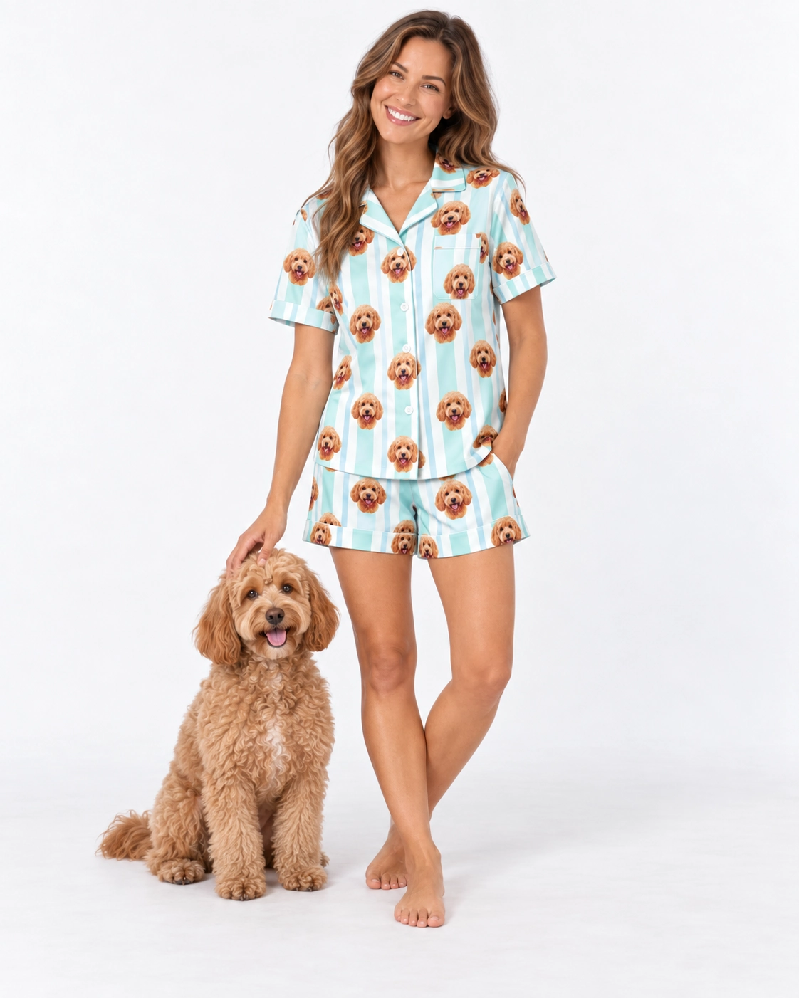 Doodle Pajamas – With Dog | MyDogPics Woman in doodle pajamas standing next to her doodle — MyDogPics