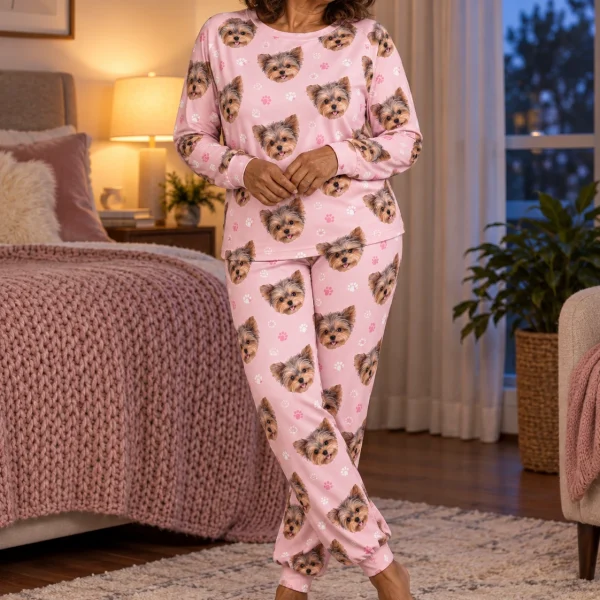 Close-up of the fall pajamas print: Yorkshire terrier faces on blush pink paw-print fabric — MyDogPics