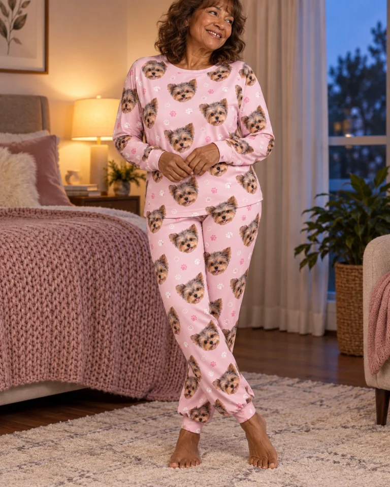 Close-up of the fall pajamas print: Yorkshire terrier faces on blush pink paw-print fabric — MyDogPics