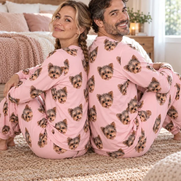 Woman and her partner in matching fall pajamas with Yorkshire terrier faces on blush pink fabric — MyDogPics
