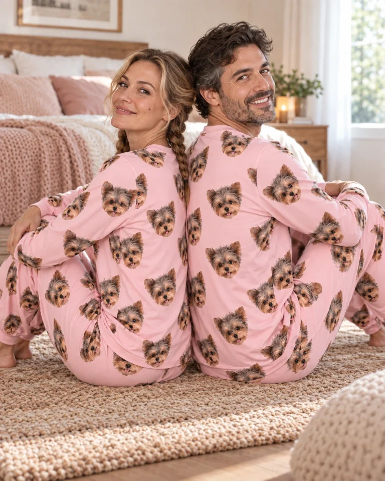 Woman and her partner in matching fall pajamas with Yorkshire terrier faces on blush pink fabric — MyDogPics