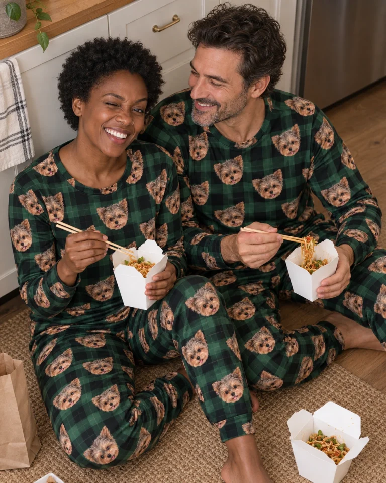 Woman and her partner in matching fall pajamas with Yorkshire terrier faces on green plaid fabric — MyDogPics