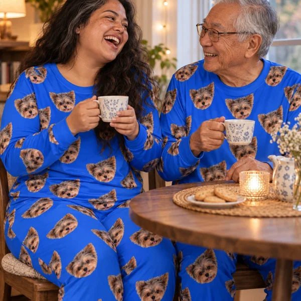 Woman and her grandparent in matching fall pajamas with Yorkshire terrier faces on royal blue fabric — MyDogPics