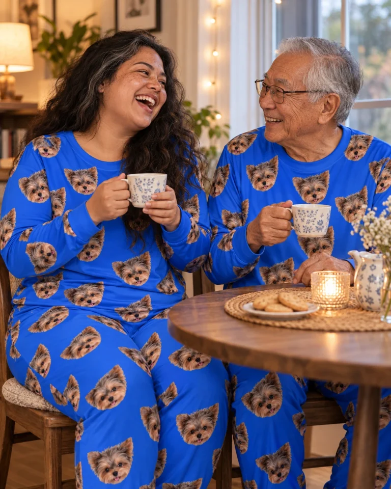 Woman and her grandparent in matching fall pajamas with Yorkshire terrier faces on royal blue fabric — MyDogPics