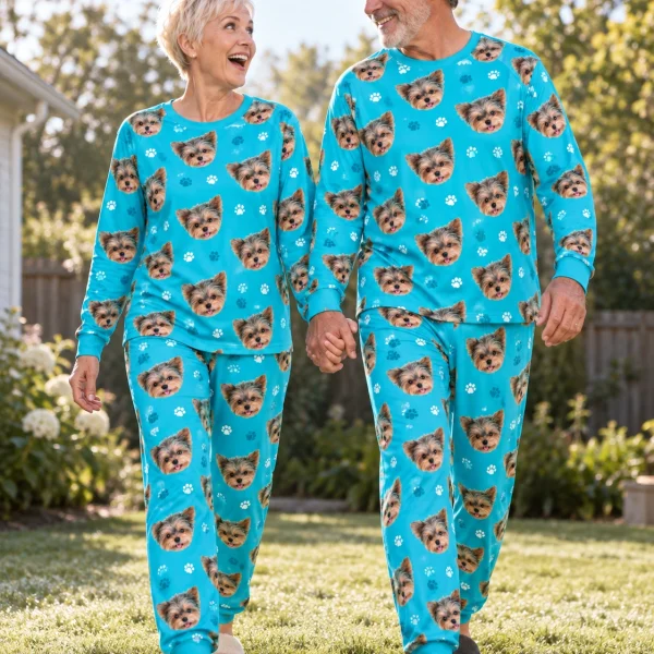 Woman and her partner in matching fall pajamas with Yorkshire terrier faces on teal paw-print fabric — MyDogPics