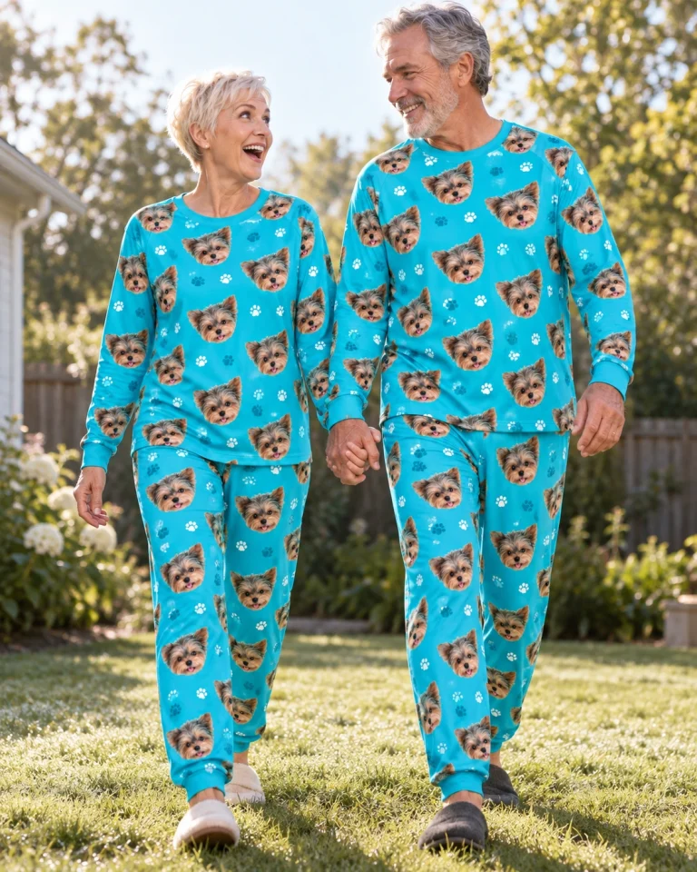 Woman and her partner in matching fall pajamas with Yorkshire terrier faces on teal paw-print fabric — MyDogPics