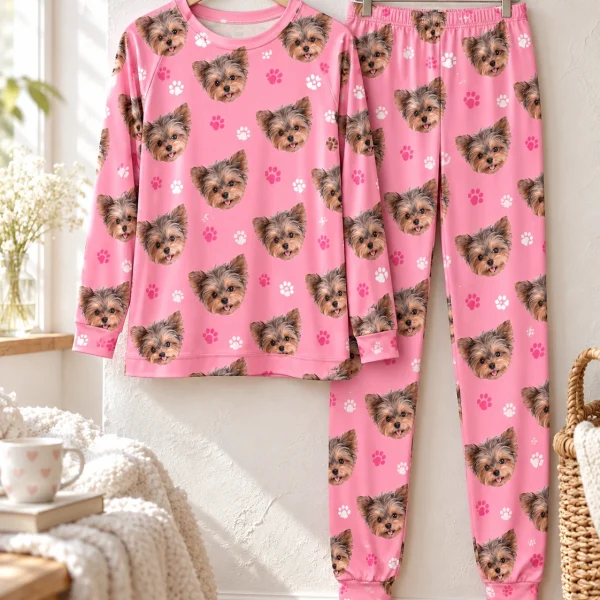 Flat lay of fall pajamas: top and pants covered in Yorkshire terrier faces — MyDogPics