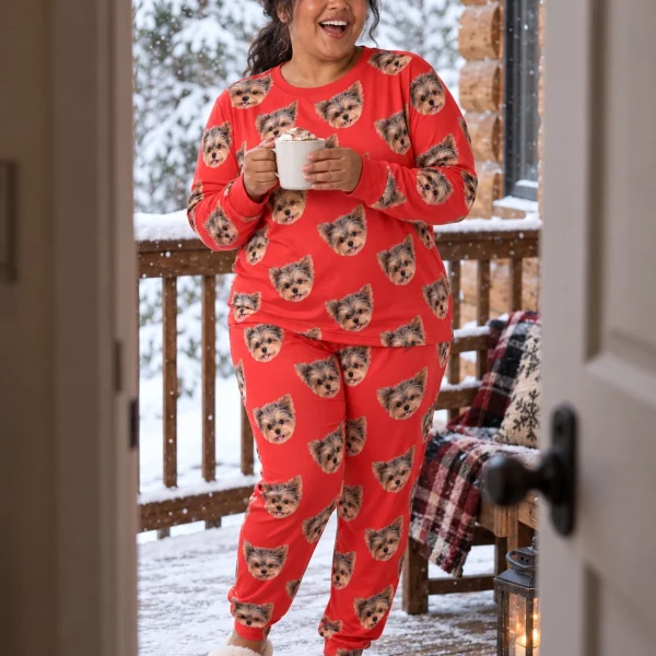 Woman posing in fall pajamas, Yorkshire terrier faces on red fabric — MyDogPics