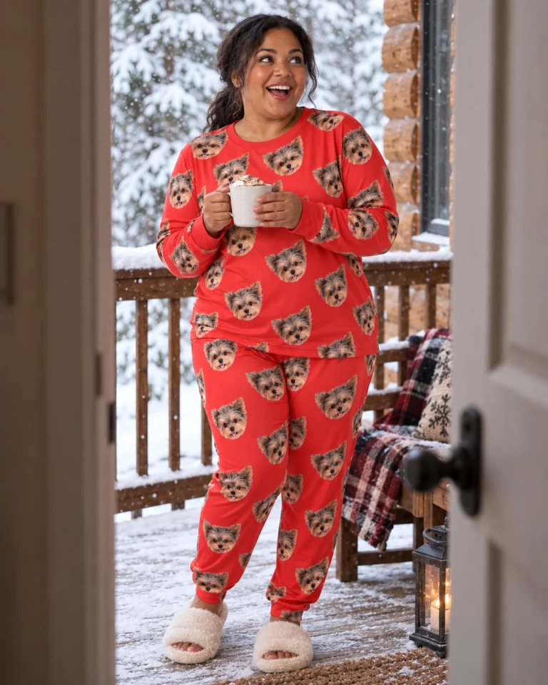 Woman posing in fall pajamas, Yorkshire terrier faces on red fabric — MyDogPics