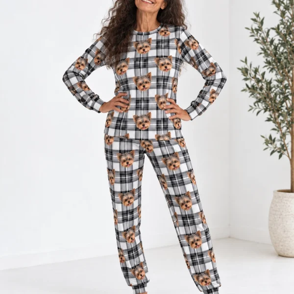 Woman posing in fall pajamas, Yorkshire terrier faces on white plaid fabric — MyDogPics