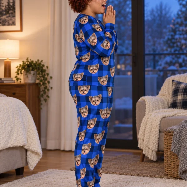 Side view of fall pajamas with Yorkshire terrier faces on blue plaid fabric — MyDogPics