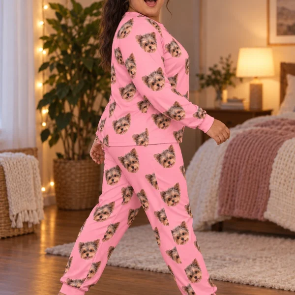 Side view of fall pajamas with Yorkshire terrier faces on pink fabric — MyDogPics