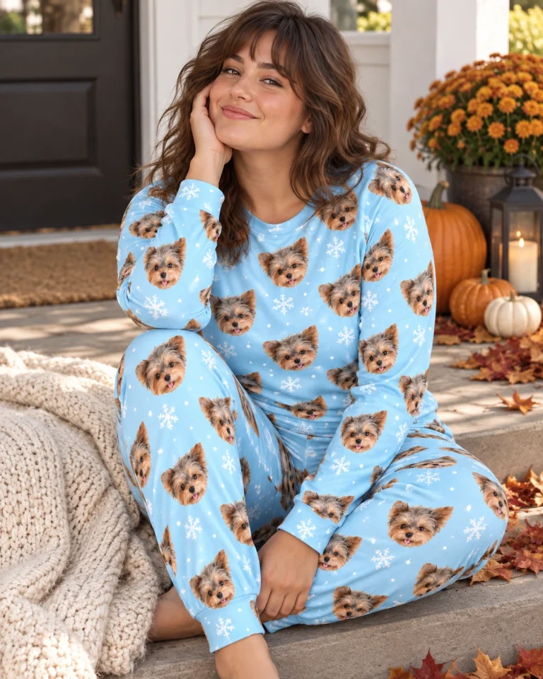 Woman sitting in fall pajamas covered in Yorkshire terrier faces — MyDogPics