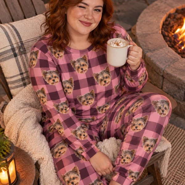 Woman sitting in fall pajamas covered in Yorkshire terrier faces — MyDogPics