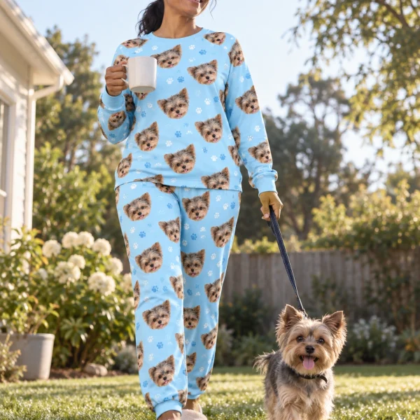 Woman in fall pajamas with her Yorkshire terrier — MyDogPics