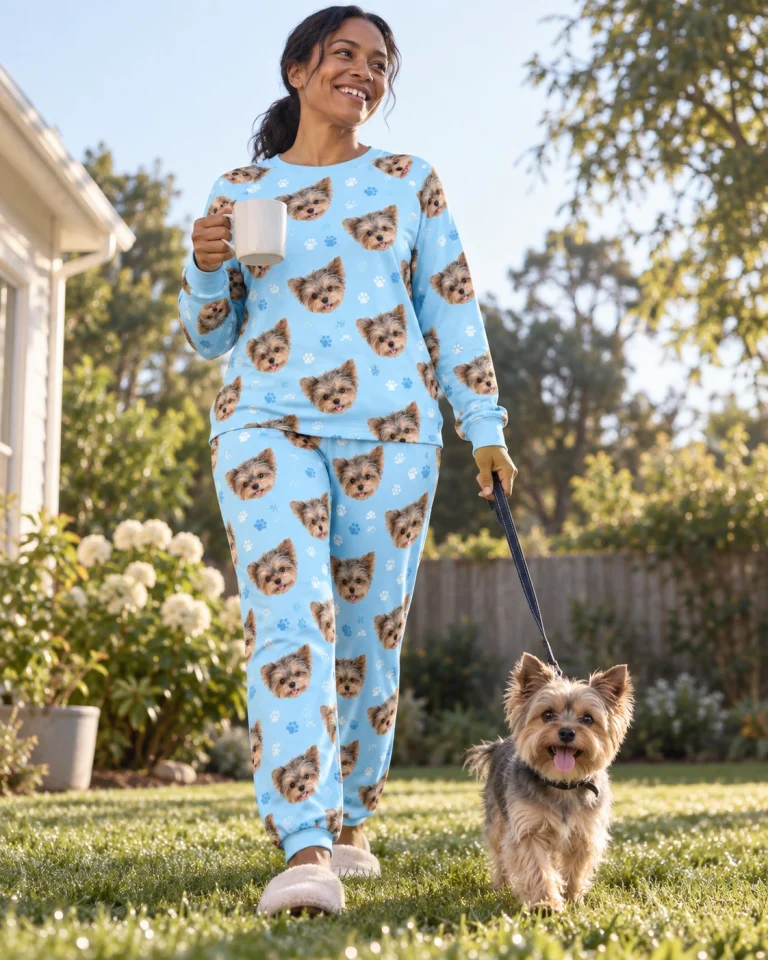 Woman in fall pajamas with her Yorkshire terrier — MyDogPics
