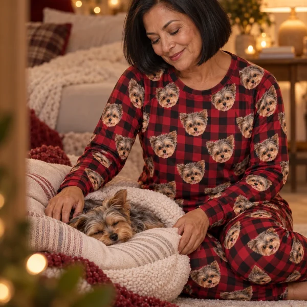 Woman in fall pajamas with her Yorkshire terrier — MyDogPics