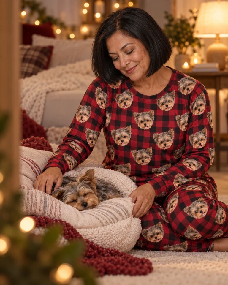 Woman in fall pajamas with her Yorkshire terrier — MyDogPics