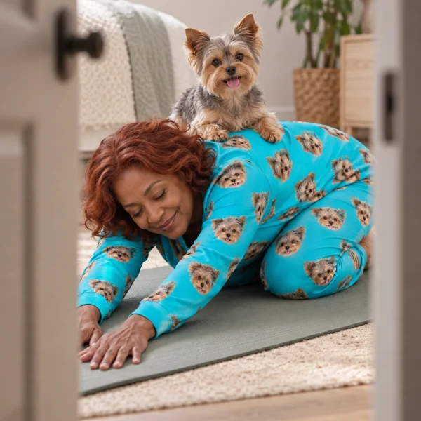 Woman in fall pajamas with her Yorkshire terrier — MyDogPics