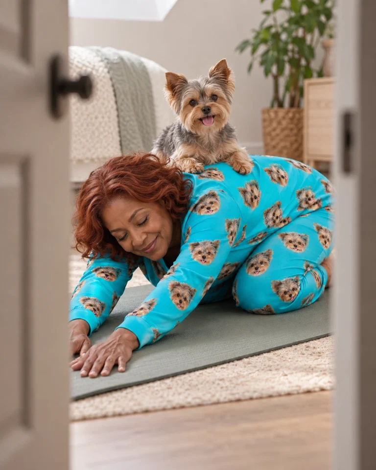 Woman in fall pajamas with her Yorkshire terrier — MyDogPics