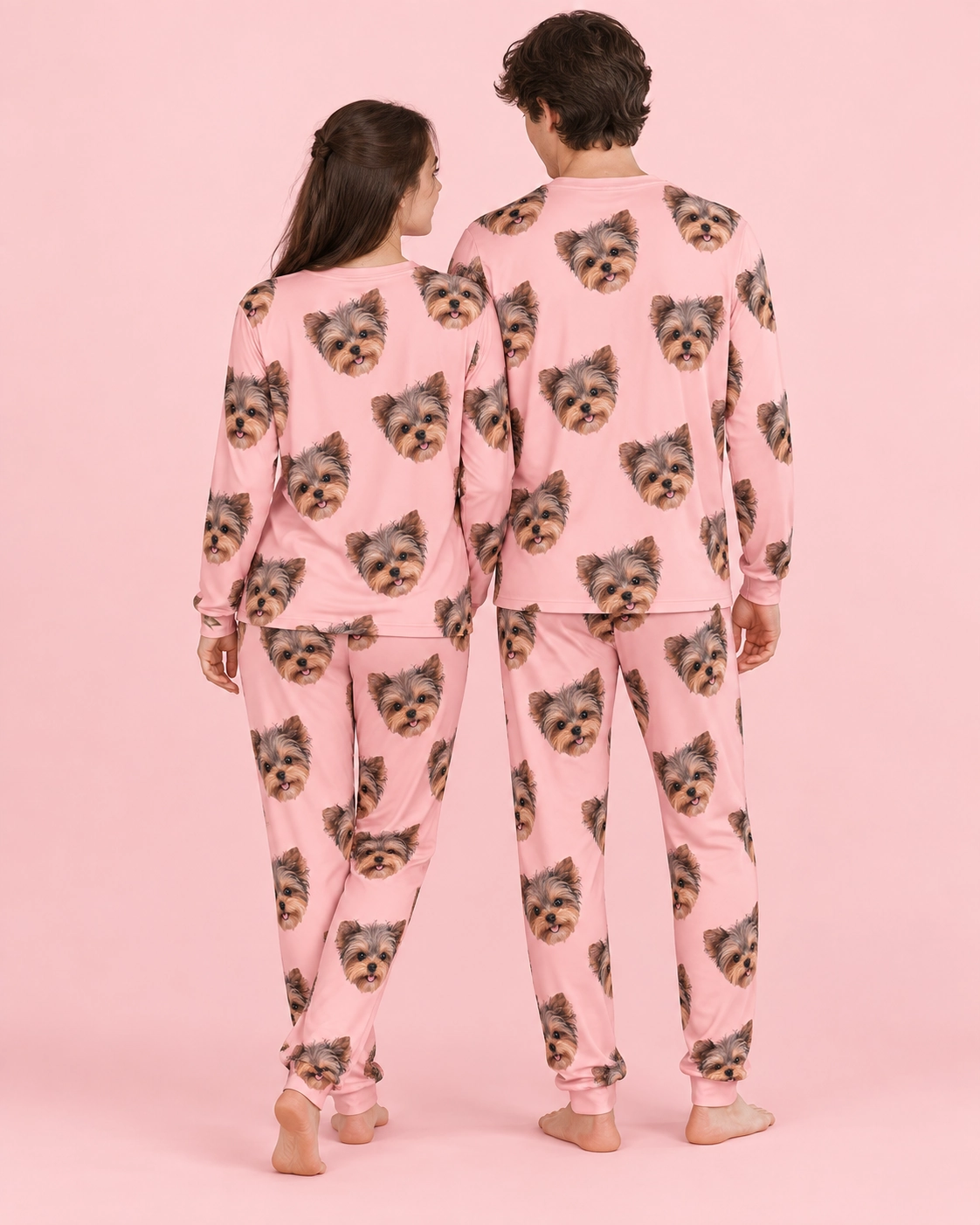 Family Matching Pajamas – Back View, Pink | MyDogPics Back view of family matching pajamas: the print continues all the way round — MyDogPics
