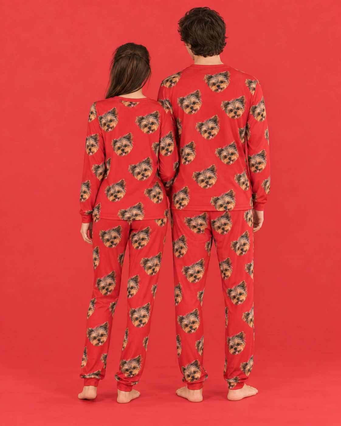 Family Matching Pajamas – Back View, Red | MyDogPics Back view of family matching pajamas: the print continues all the way round — MyDogPics