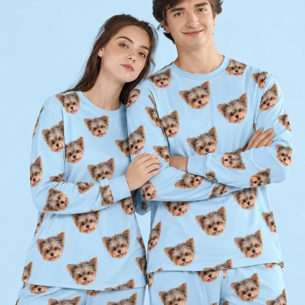 Close-up of the family matching pajamas print: Yorkshire terrier faces on sky blue fabric — MyDogPics