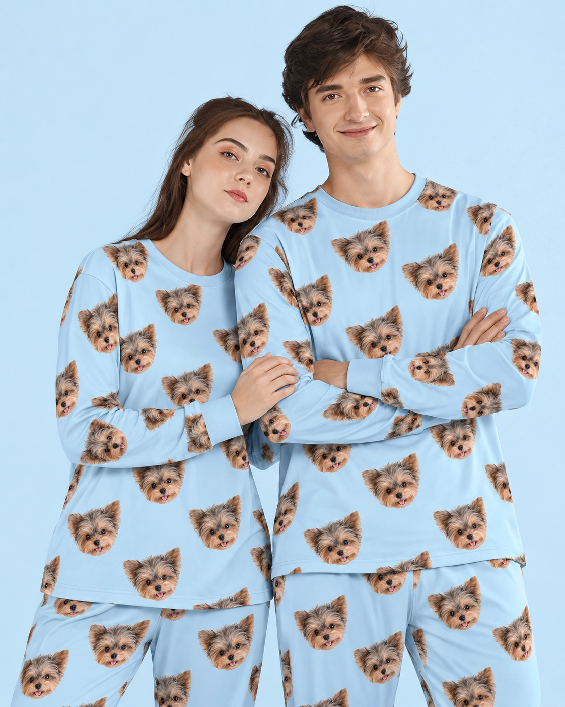 Family Matching Pajamas – Print Close-Up, Sky Blue | MyDogPics Close-up of the family matching pajamas print: Yorkshire terrier faces on sky blue fabric — MyDogPics