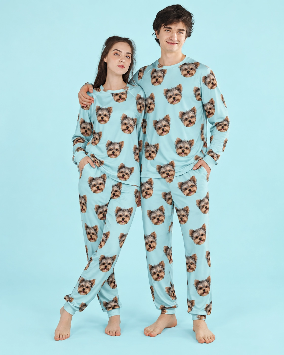 Family Matching Pajamas – Pose, Aqua | MyDogPics Couple posing in family matching pajamas, Yorkshire terrier faces on aqua fabric — MyDogPics
