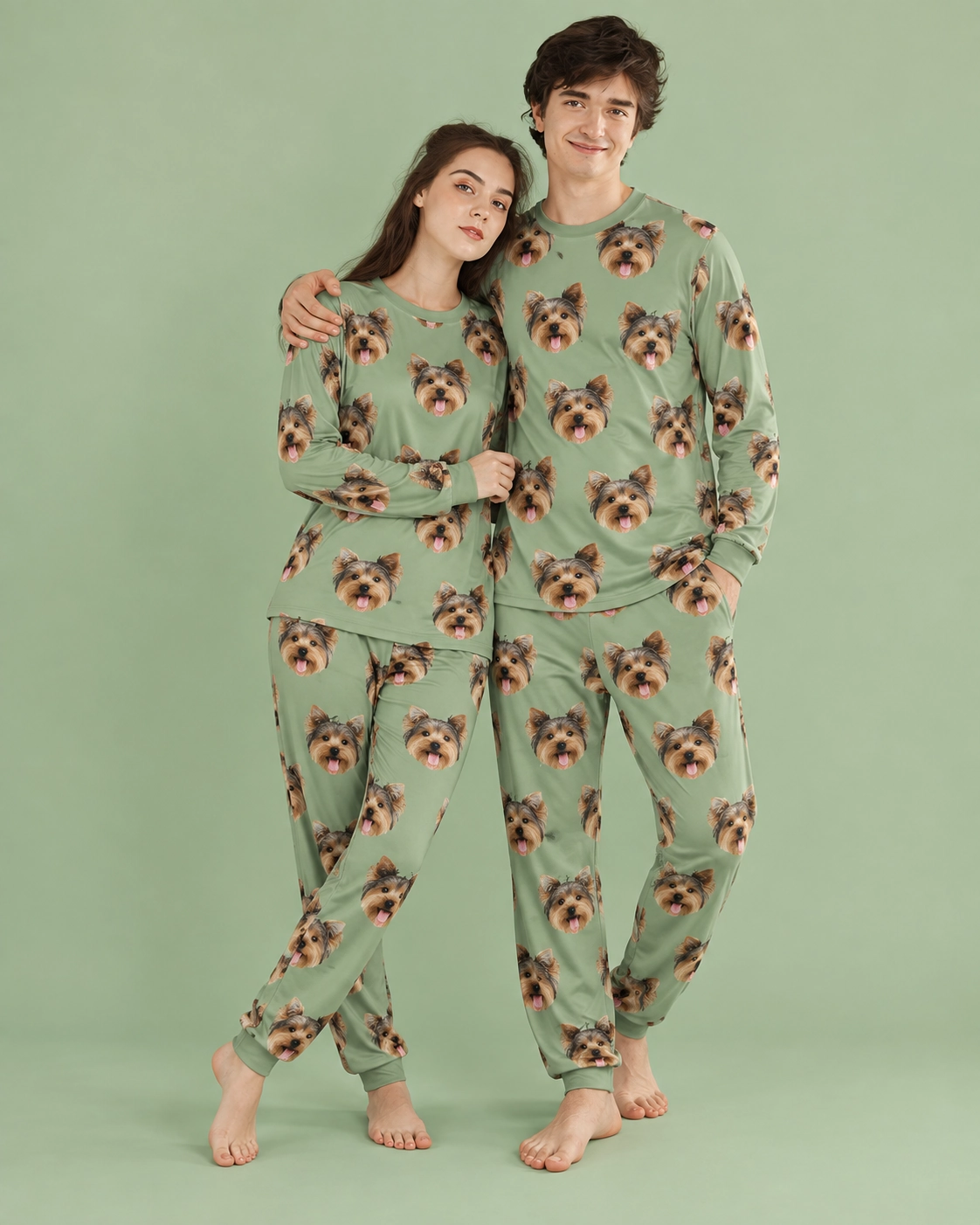 Family Matching Pajamas – Pose, Sage Green | MyDogPics Couple posing in family matching pajamas, Yorkshire terrier faces on sage green fabric — MyDogPics