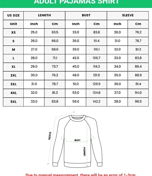 Family matching pajamas size chart — raglan shirt (XS–5XL) in inches and cm — MyDogPics