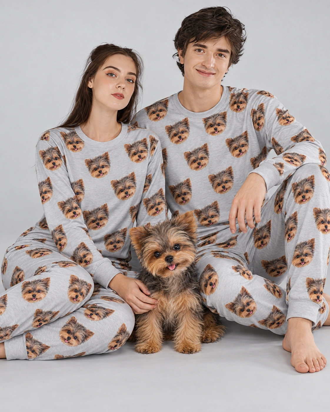 Family Matching Pajamas – With Dog, Gray | MyDogPics Couple in family matching pajamas with their Yorkshire terrier — MyDogPics