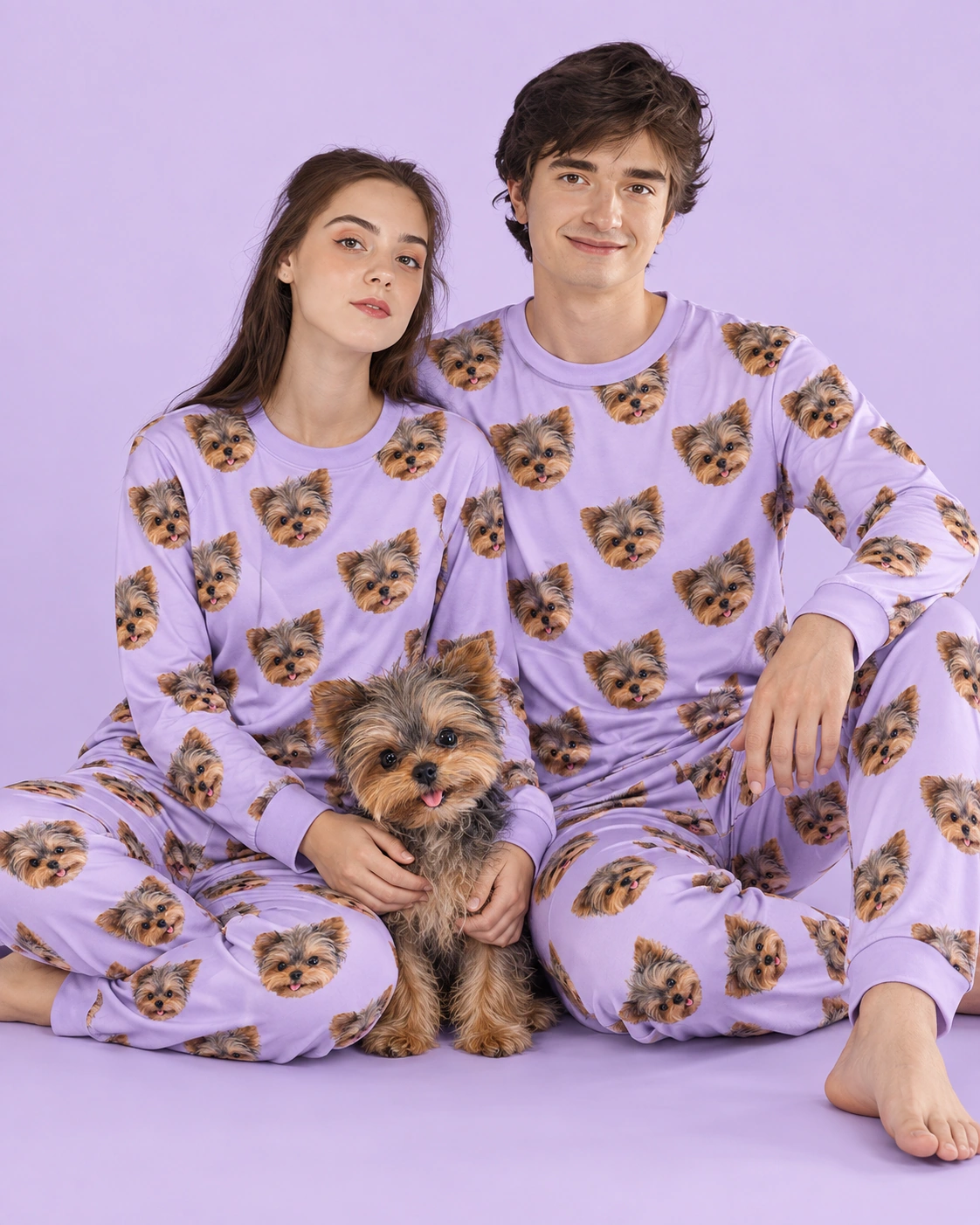 Family Matching Pajamas – With Dog, Lavender | MyDogPics Couple in family matching pajamas with their Yorkshire terrier — MyDogPics