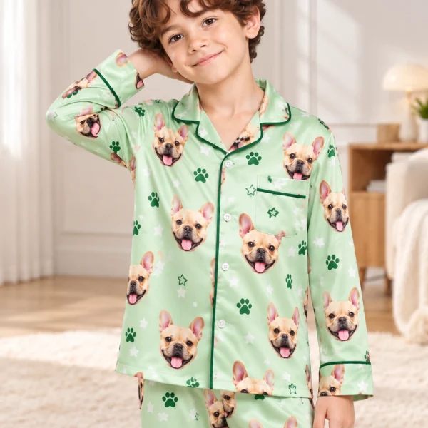 Close-up of the French bulldog jammies print: fawn French bulldog faces on sage green satin with paw prints — MyDogPics