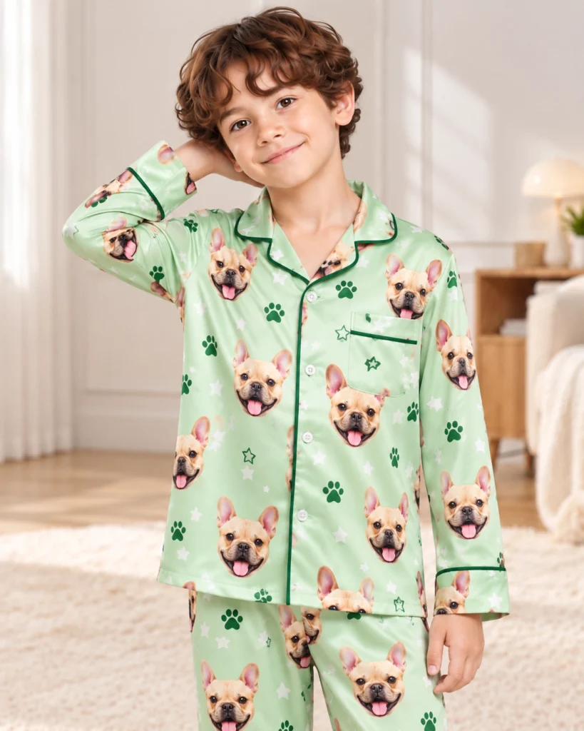 Close-up of the French bulldog jammies print: fawn French bulldog faces on sage green satin with paw prints — MyDogPics