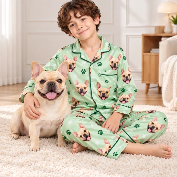 Boy in French bulldog jammies cuddling his French bulldog — MyDogPics