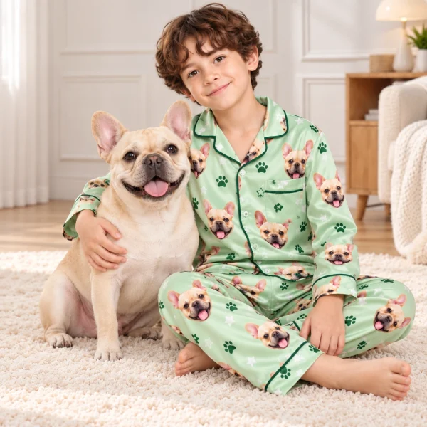 Boy in French bulldog jammies cuddling his French bulldog — MyDogPics