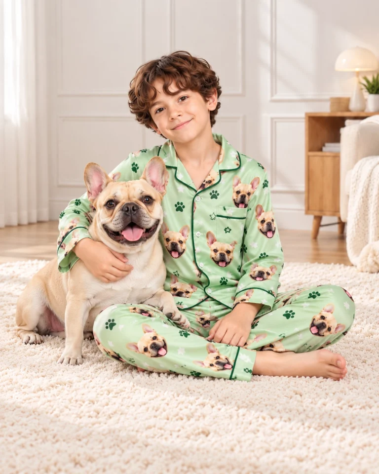 Boy in pajamas covered in his French bulldog face hugging the dog, a birthday pajamas idea from the dog photo
