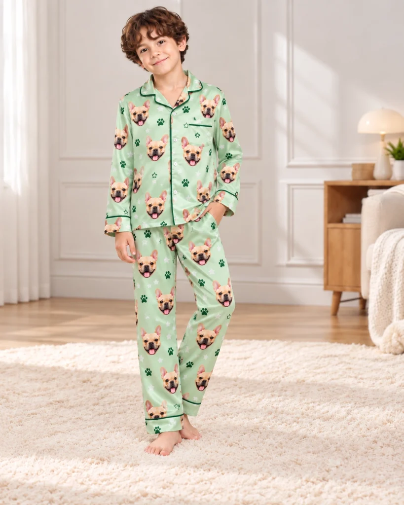 Boy posing in French bulldog jammies, fawn French bulldog faces on sage green satin with paw prints — MyDogPics