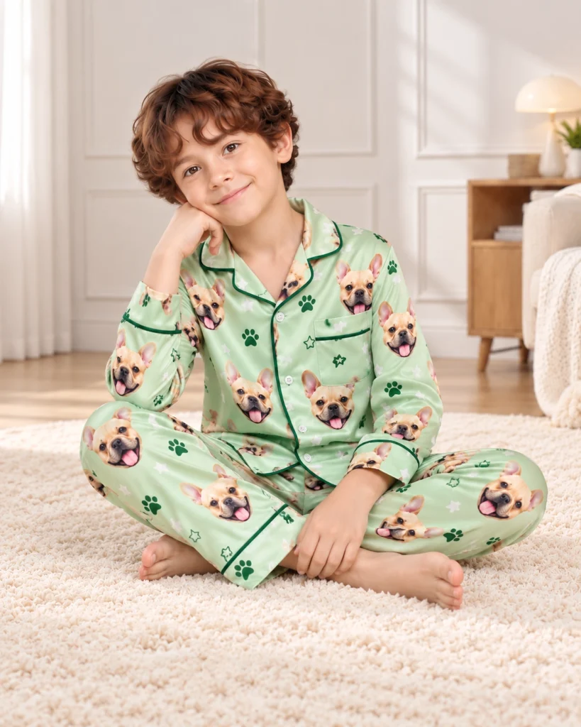 Boy sitting in French bulldog jammies covered in fawn French bulldog faces — MyDogPics