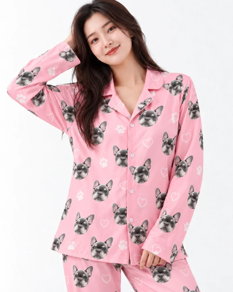 Close-up of the French bulldog pajamas print: grey French bulldog faces on pink with white hearts and paws — MyDogPics