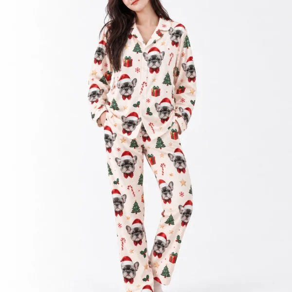 French bulldog pajamas in a cream Christmas print with Santa-hat faces, trees and gifts colorway — MyDogPics