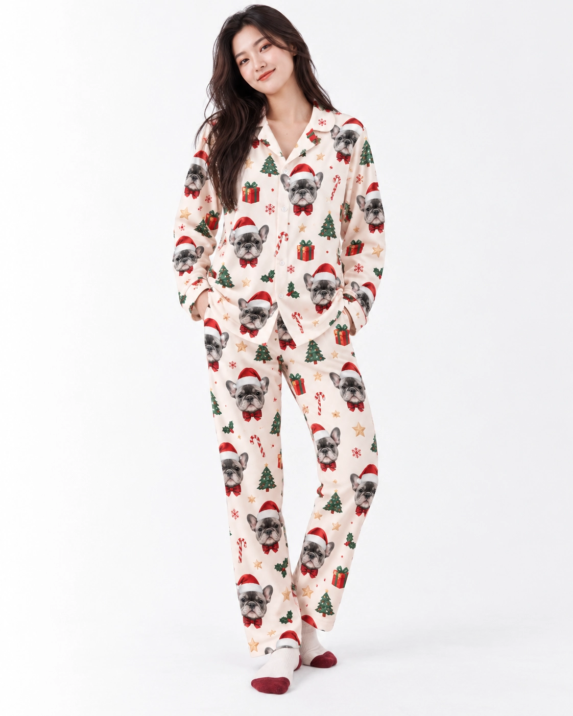 French Bulldog Pajamas – Colorway: Cream Christmas print with Santa-hat faces, trees and gifts | MyDogPics French bulldog pajamas in a cream Christmas print with Santa-hat faces, trees and gifts colorway — MyDogPics
