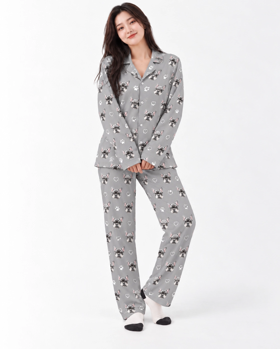 French Bulldog Pajamas – Colorway: Grey with a smaller all-over print | MyDogPics French bulldog pajamas in a grey with a smaller all-over print colorway — MyDogPics