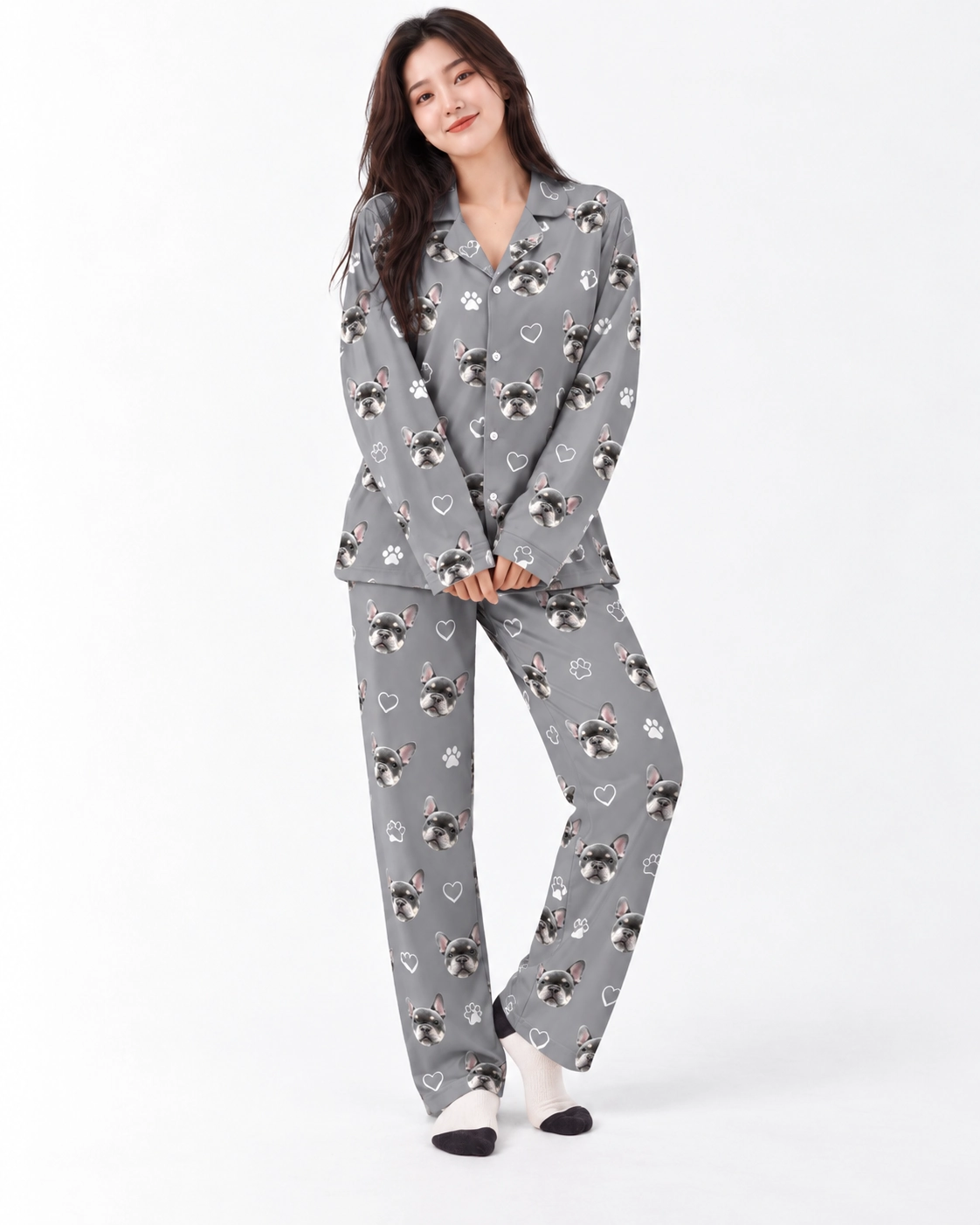 French Bulldog Pajamas – Colorway: Grey | MyDogPics French bulldog pajamas in a grey colorway — MyDogPics