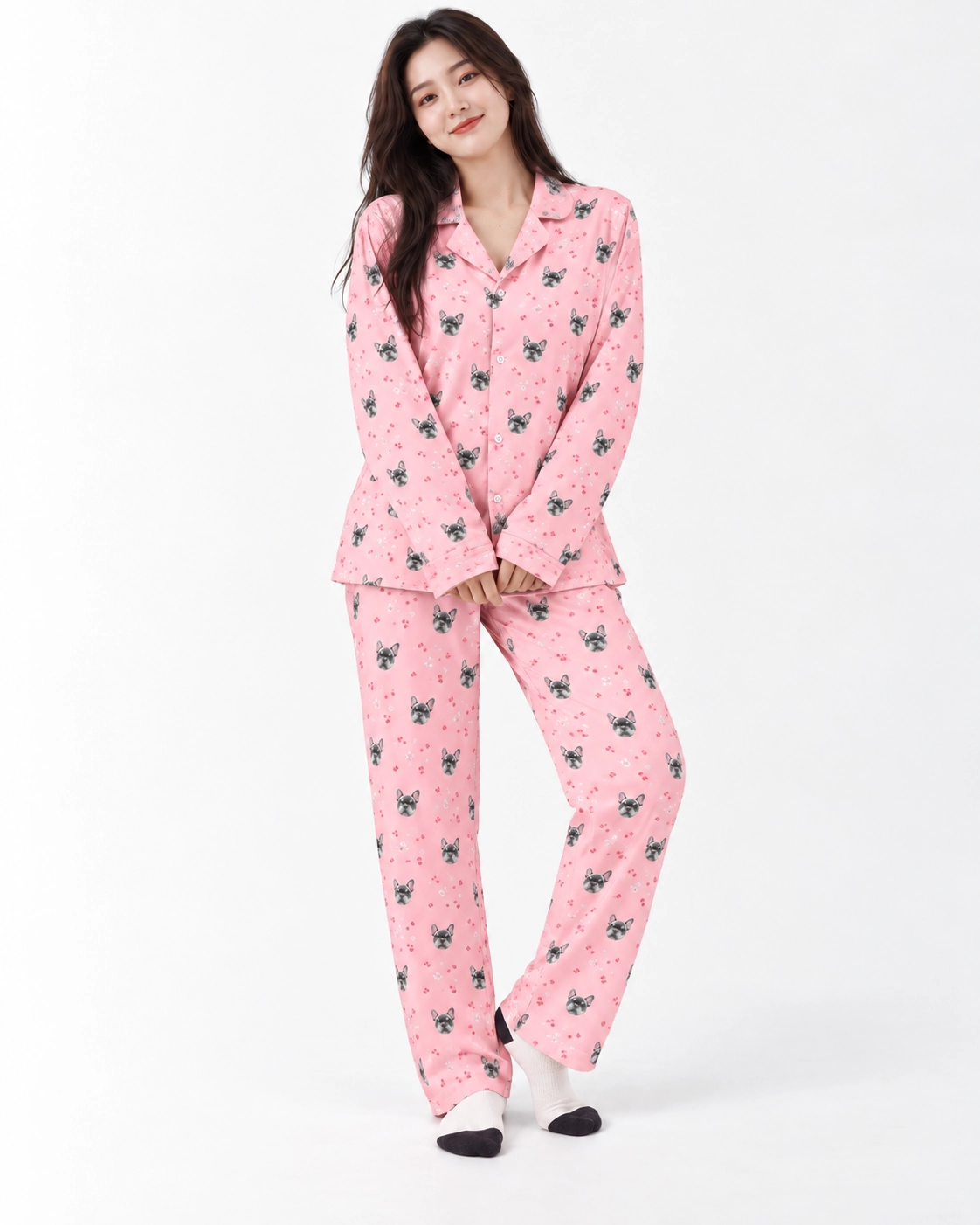 French Bulldog Pajamas – Colorway: Pink with a smaller all-over print | MyDogPics French bulldog pajamas in a pink with a smaller all-over print colorway — MyDogPics