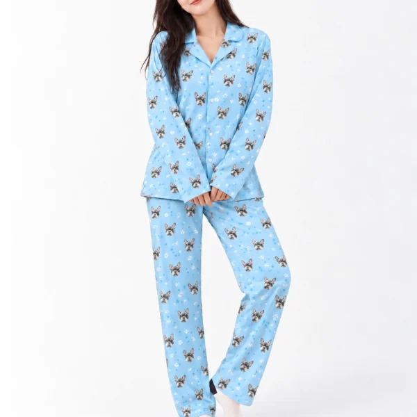 French bulldog pajamas in a sky blue with small snowflakes colorway — MyDogPics