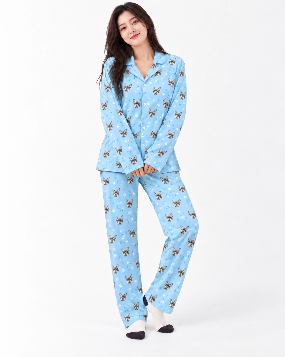 French Bulldog Pajamas – Colorway: Sky blue with small snowflakes | MyDogPics French bulldog pajamas in a sky blue with small snowflakes colorway — MyDogPics