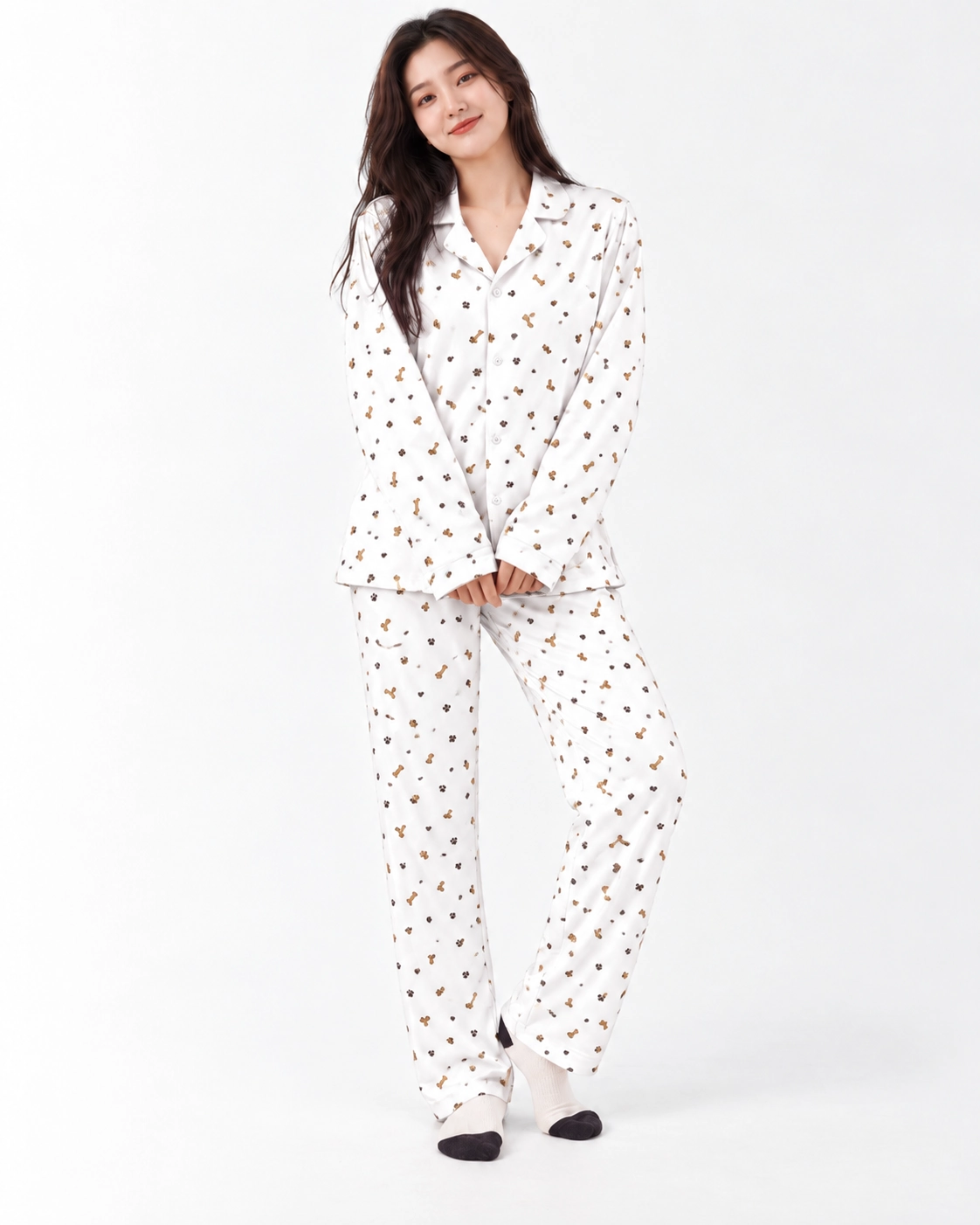 French Bulldog Pajamas – Colorway: White with tiny dog faces and bones | MyDogPics French bulldog pajamas in a white with tiny dog faces and bones colorway — MyDogPics