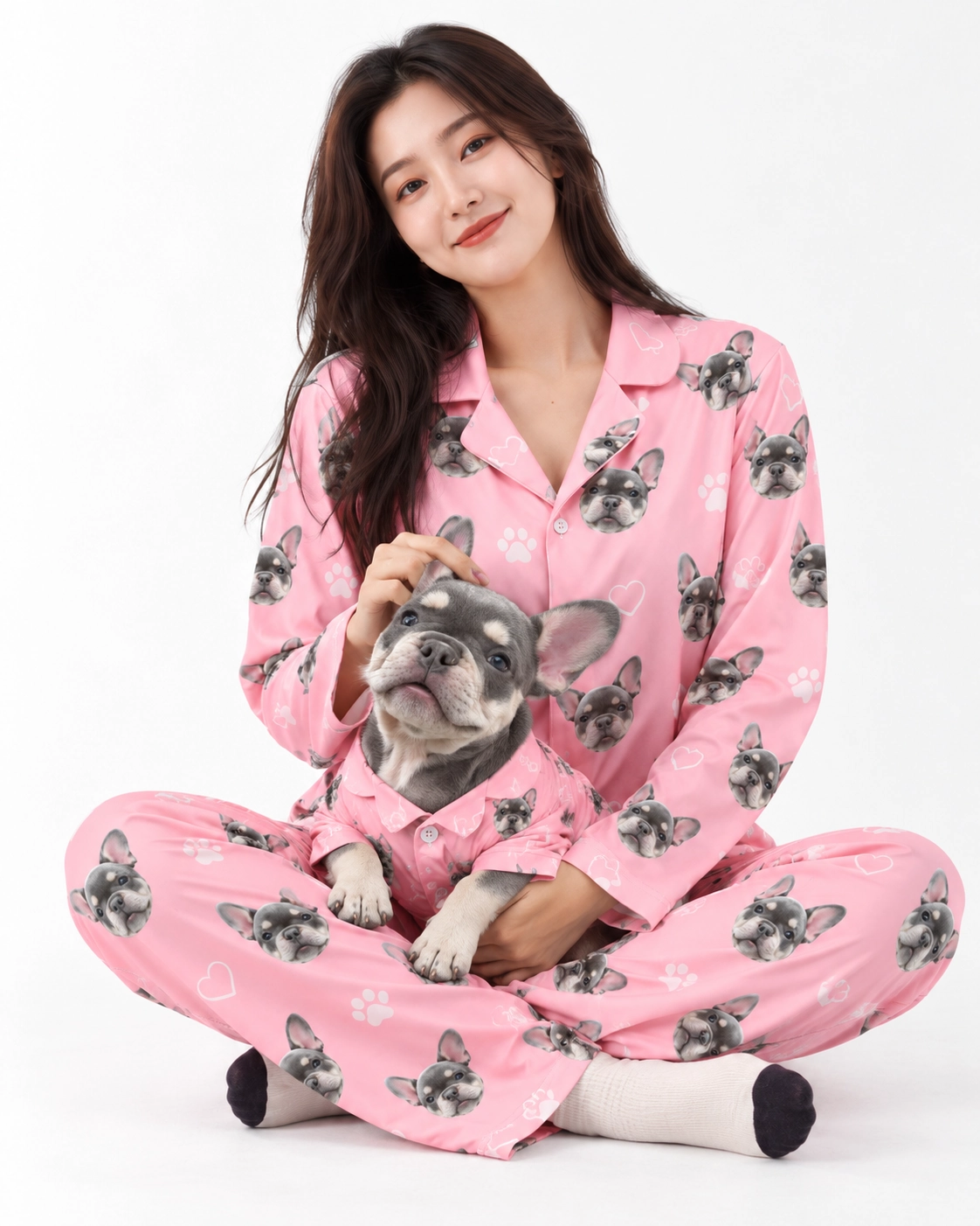 French Bulldog Pajamas – Cuddling Dog | MyDogPics Woman in French bulldog pajamas cuddling her French bulldog — MyDogPics